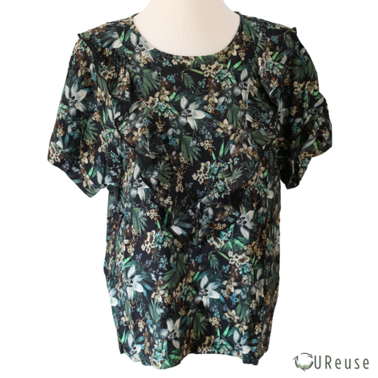 One Two & LUXZUZ Sort blomstret bluse med flæse